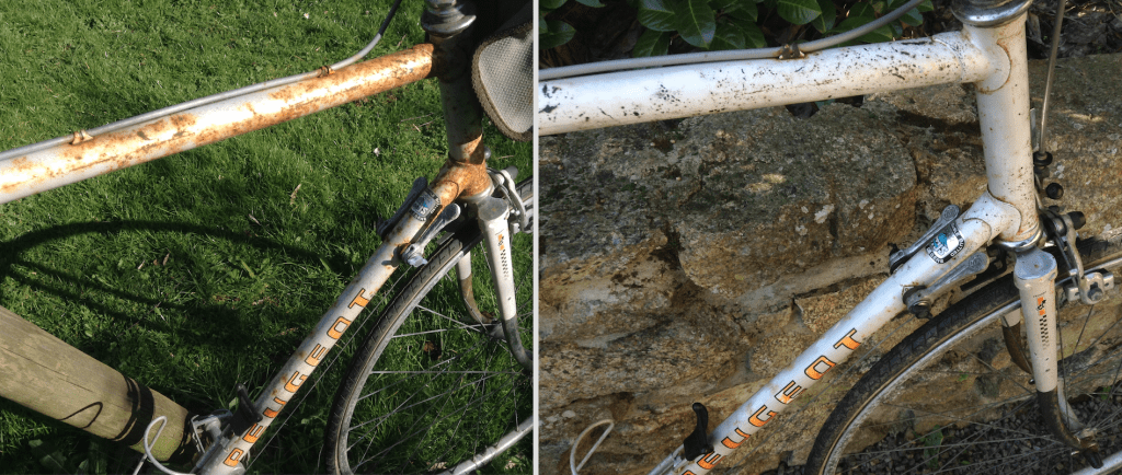 Image of top tube before removing rust from a bike frame