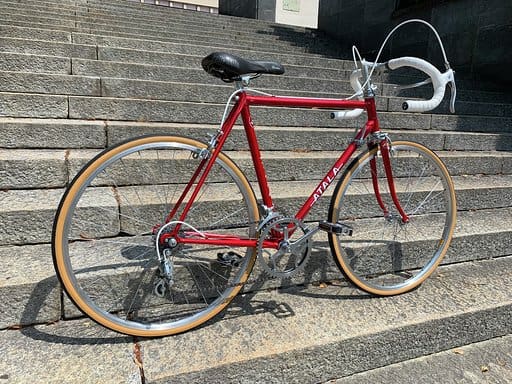 Rear view of Atala bike on steps