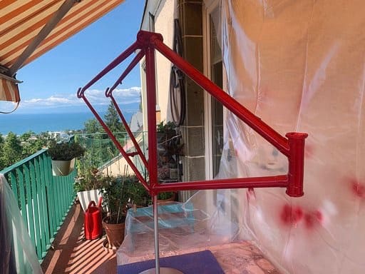 Image of resprayed Atala frame drying outside