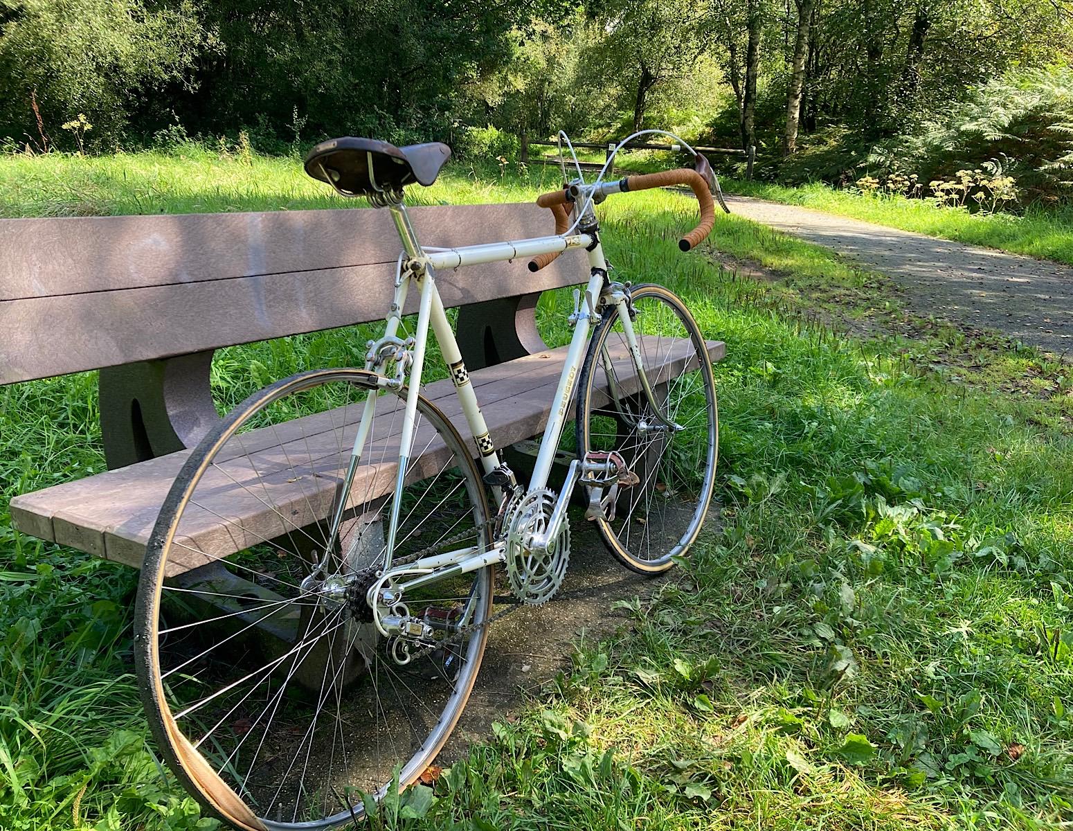 image of riding my vintage bike, a Peugeot PX10, on the trail